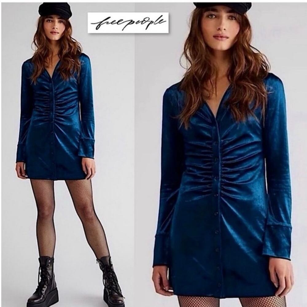 FREE PEOPLE Shayla Velvet Mini Dress Blue EUC XS 90's Y2K Ruching
